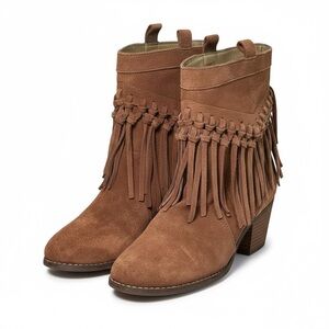 Sbicca Leather Fringe Western Booties Tan Suede Lined Pull-On Boot Size 7.5‎
